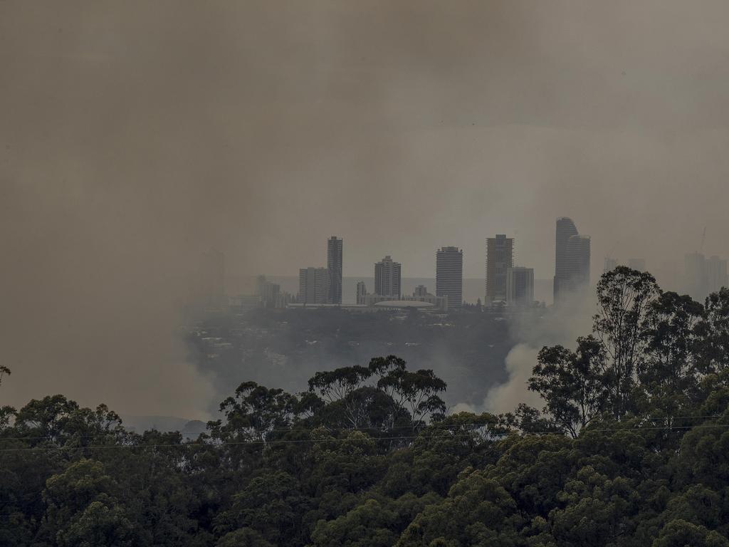 Smoke haze covers the Gold Coast Skyline, Broadbeach skyline, from a grass fire at Carrara. Picture: Jerad Williams