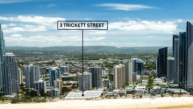 Aerial of the Trickett Street, Surfers Paradise site which was previously home of the Iluka and the proposed site of the failed Spirit development. Picture: Supplied by Canford Estate Agents.