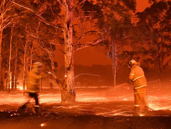 Firefighters hose down trees as they battle against bushfires around the town of Nowra in the Australian state of New South Wales on December 31, 2019. - Thousands of holidaymakers and locals were forced to flee to beaches in fire-ravaged southeast Australia on December 31, as blazes ripped through popular tourist areas leaving no escape by land. Picture: Saeed Khan/AFP