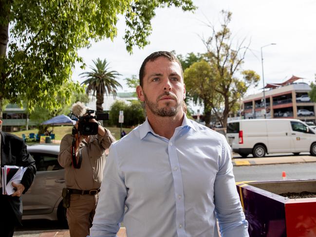 28-02-2024 - Former NT police officer Zachary Rolfe arrives Alice Springs court for day three of him giving evidence at the inquest into the death of Kumanjayi Walker. Picture: Liam Mendes / The Australian