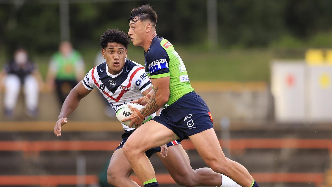 Charnze Nicoll-Klokstad was a game-day withdrawal from the Raiders’ opening trial of the season after testing positive to Covid. Picture: Mark Evans/Getty Images