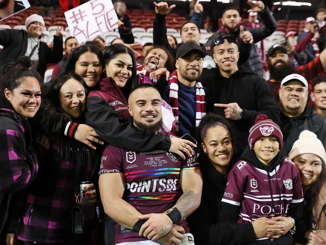 Alfred Smalley with family and friends following his Sea Eagles debut in 2022. Photo: Cameron Spencer/Getty Images