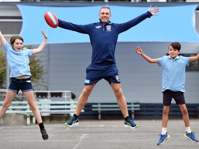 Joel Selwood was jumping with the kids last week despite carrying a corkie.