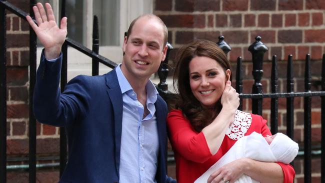 Prince William and Duchess of Cambridge outside the Lindo Wing at St Mary’s Hospital in London revealing Prince Louis to the waiting media. Picture: Isabel INFANTES/AFP