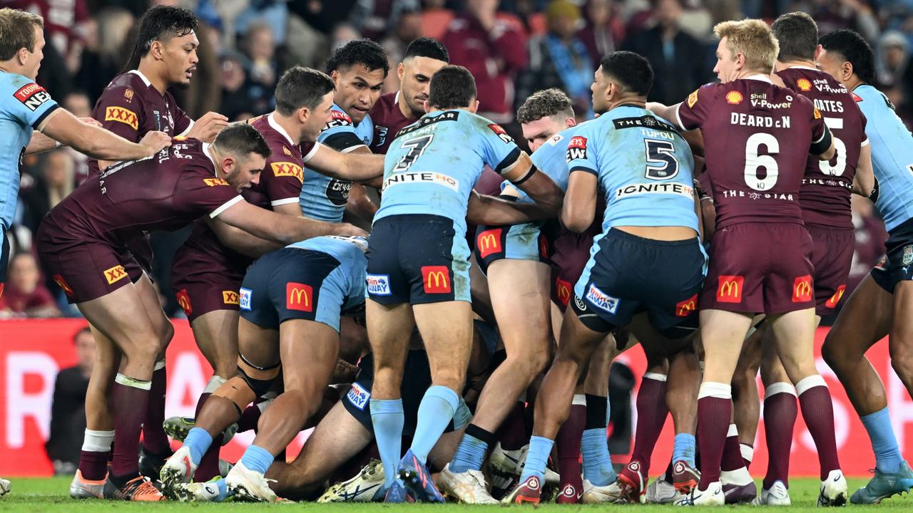 The game devolved into chaos as players threw punches in Origin Game III. Picture: Getty Images.