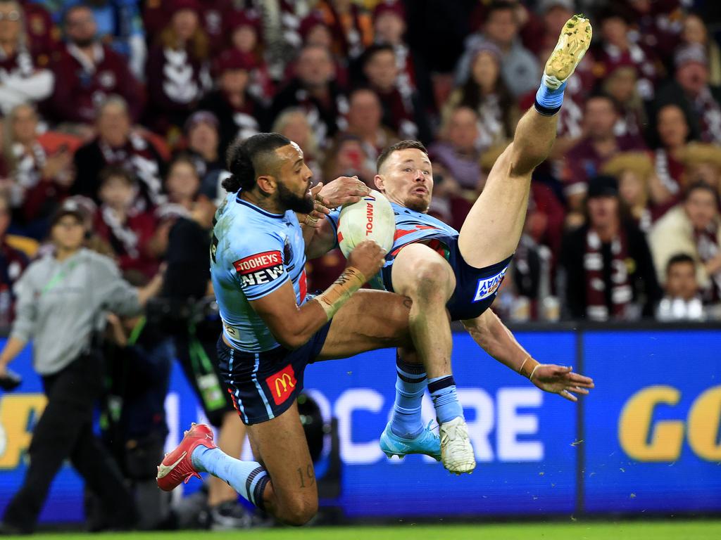 Jeremiah Nanai scored after Damien Cook spilt this ball. Picture: Adam Head