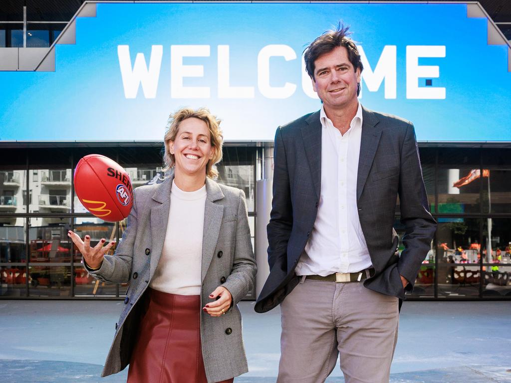 Kylie Rogers, former AFL customer and commercial executive general manager, with AFL CEO Gillon McLachlan last year. Picture: Aaron Francis