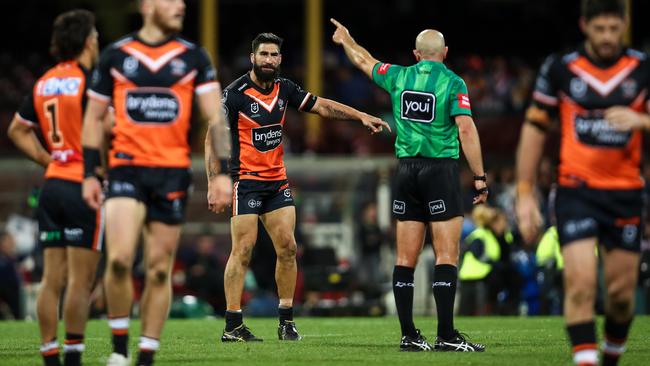 Wests Tigers skipper James Tamou gets his marching orders. Picture: NRL Imagery