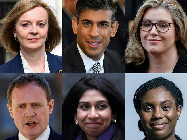 Six remain: Liz Truss, Rishi Sunak, Penny Mordaunt, Tom Tugendhat, Suella Braverman Kemi Badenoch. Picture: AFP