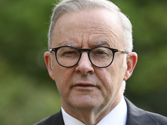 CANBERRA, AUSTRALIA, NewsWire Photos. MARCH 8, 2024: Prime Minister Anthony Albanese makes some remarks to the media during a International Women's Day at The Lodge in Canberra. Picture: NCA NewsWire / Martin Ollman