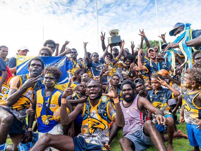 The Ranku Eagles win the 2020 Tiwi Island Football Grand Final, Bathurst Island, NT.Picture: Che Chorley