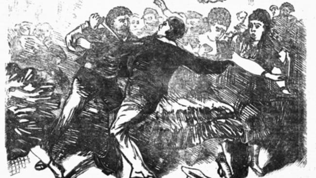 Bar brawls and stabbings, such as this depicted in Police News in the 1870s, were common in Melbourne. Picture: State Library of Victoria