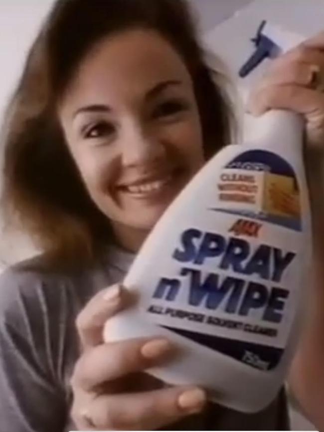 Duncan is pictured in an Ajax Spray n' Wipe ad in 1991.