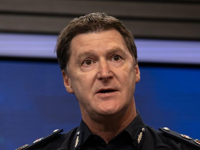 Chief Commissioner Shane Patton speaks to media this afternoon in relation to the Jason Roberts not guilty verdict handed down today. Picture: Jason Edwards