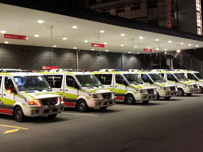 Ambulances lined up at the Gold Coast University Hospital raising concerns about ramping.