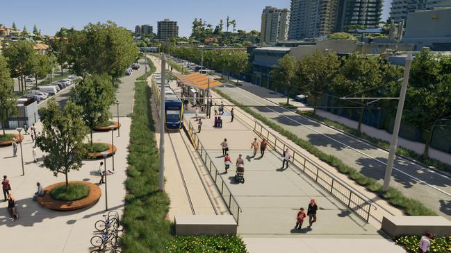Artist impression of Gold Coast Light Rail Stage 4 between Tugun and Coolangatta, including Gold Coast Airport and the NSW border. Picture: Department of Transport and Main Roads.