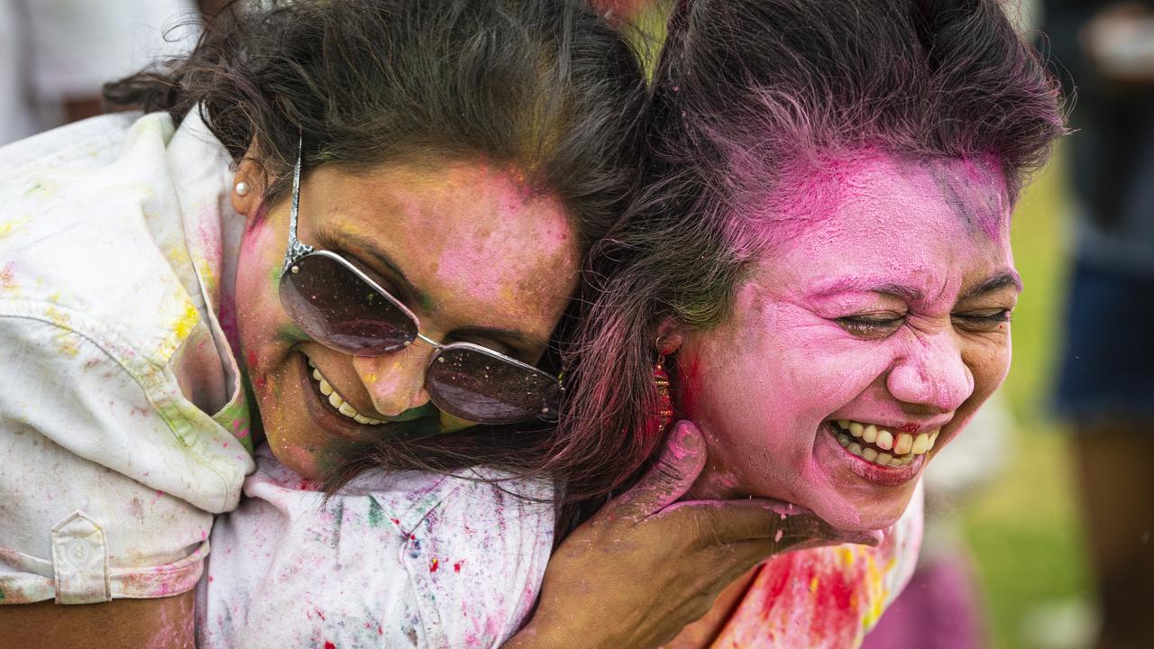 Nancy Shah (left) and Monika Shinde as the Toowoomba Indian and Nepalese communities celebrate Holi, the festival of colours, Saturday, March 23, 2024. Picture: Kevin Farmer