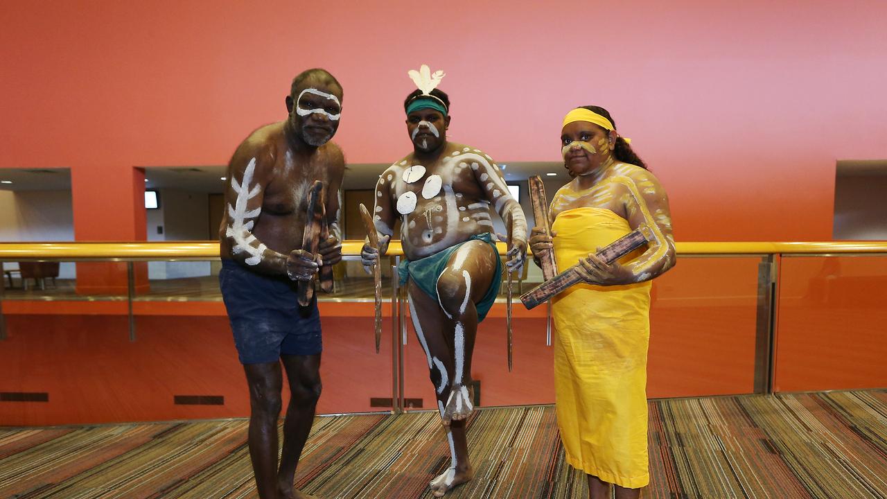 The 2014 Australian Tourism Exchange has officially begun with a Welcome To Country by the Gimuy Walubara Yidinji dancers for VIP delegates at the Cairns Convention Centre. Gimuy Walubara Yidinji dancers (L-R) Yasserie Smith, David Mundraby, Andrew Miller and Julia Smith. Picture: Brendan Radke.