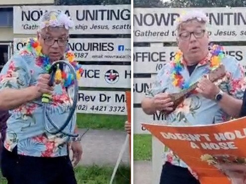 Arthur Rorris dressed up as ukelele-strumming, Hawaiian shirt-wearing Scott Morrison.