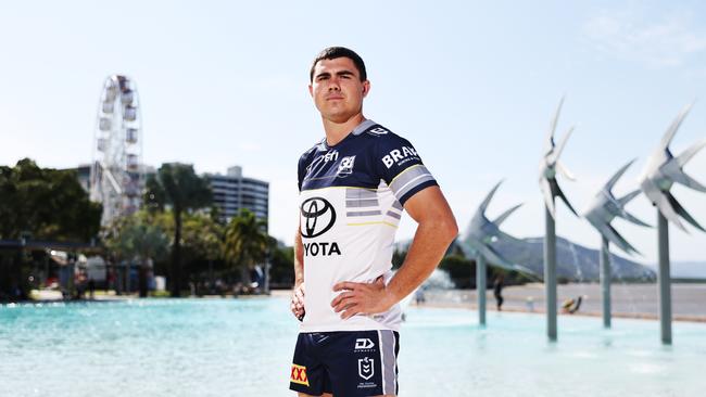 The North Queensland Cowboys have visited Cairns to launch their 30th anniversary jersey, which will be worn for the 2025 NRL season. North Queensland Cowboys player Jake Clifford launches the club's 30 year jersey at the Cairns Esplanade lagoon. Picture: Brendan Radke