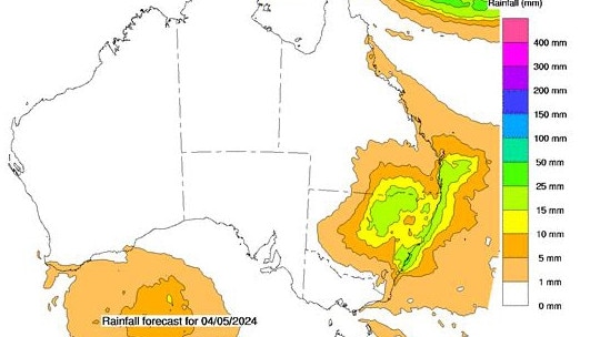 Australian rainfall forecast for 4 May 2024. Picture: Bureau of Meteorology