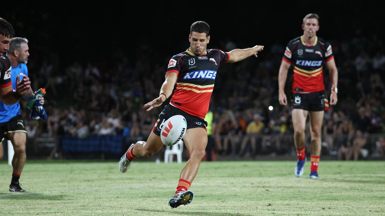 Dolphins' Ben Stevanovic kicks on the last tackle n the National Rugby League (NRL) pre season NRL match between the North Queensland Cowboys and the Dolphins, held at Barlow Park. Picture: Brendan Radke