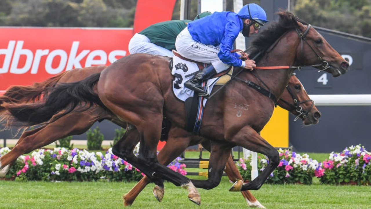 Anamoe ridden by Damien Oliver wins the Thoroughbred Club Merson Cooper Stakes at Ladbrokes Park Hillside Racecourse on November 14, 2020 in Springvale, Australia. (Natasha Morello/Racing Photos via Getty Images)