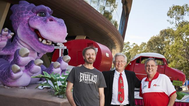 Float designer Dave Clarke with Pageant Director Brian Gilbertson AM, and John Barone at the unveiling at Adelaide Oval of two new floats for this year’s event. Picture: Matt Loxton.