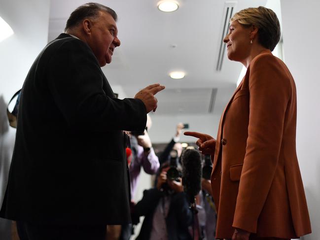 Craig Kelly and Tanya Plibersek meet in the corridors of the Press Gallery on Wednesday. Picture: Getty Images