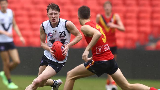 GOLD COAST, AUSTRALIA - JULY 04: Willem Duursma of Vic Country in action during the AFL National Development Championships U16 boys match between Vic Country and South Australia at Heritage Bank Stadium on July 04, 2023 in Gold Coast, Australia. (Photo by Chris Hyde/AFL Photos/via Getty Images)