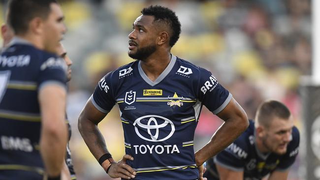 Hamiso Tabuai-Fidow of the Cowboys looks on during the round three NRL match between the North Queensland Cowboys and the Gold Coast Titans (Photo by Ian Hitchcock/Getty Images)