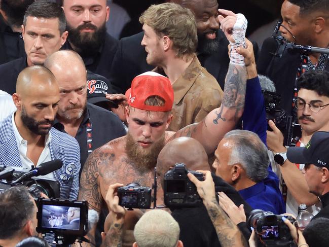 ARLINGTON, TEXAS - NOVEMBER 15: Jake Paul celebrates after his unanimous-decision win during a heavyweight bout against Mike Tysonat AT&T Stadium on November 15, 2024 in Arlington, Texas. (Photo by Christian Petersen/Getty Images)