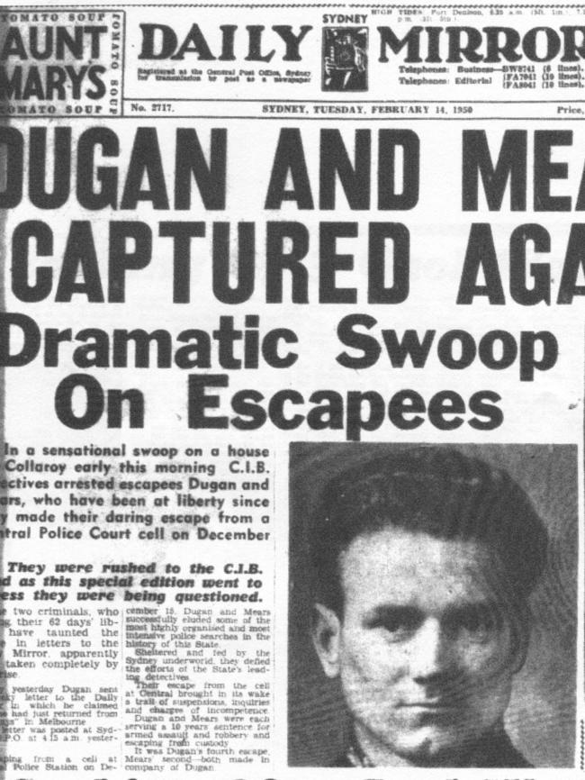 Front page of The Daily Mirror the day Dugan was recaptured alongside his accomplice William Mears.