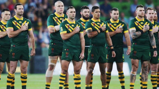 Cameron Smith and the Kangaroos during the pre-game ceremony.