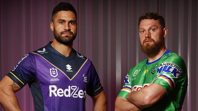 Melbourne Storm captain Jesse Bromwich and Canberra Raiders counterpart Elliott Whitehead. Picture: Richard Dobson