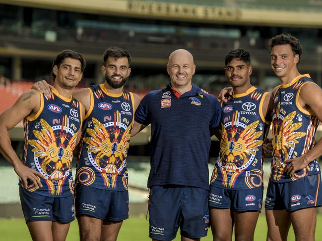 Crows indigenous players LR. Shane McAdam, Wayne Milera, Matthew Nicks (coach), Tariek Newchurch, Ben Davisin  ahead of Saturday night against St Kilda at Adelaide Oval.Wednesday 18 May 2022 Pic Roy VanDerVegt