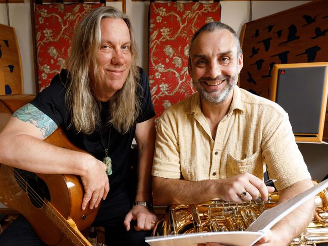 (LtoR) Violent Femmes bass player Brian Ritchie (also artistic director of Mona Foma) and of TSO principal tuba player Tim Jones, who has done the orchestral arrangements for the collaboration between the TSO and the Violent Femmes for this years Mona Foma festival in Tasmania.05/01/2018Photograph by Peter Mathew