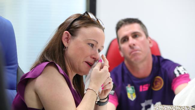 Tegan Mitchell is supported by her partner Tim Stark as she speaks about the loss of her eight-year-old daughter Olivia Douglas at the Australian Road Safety Foundation offices at Yatala. Picture: Glenn Hampson.