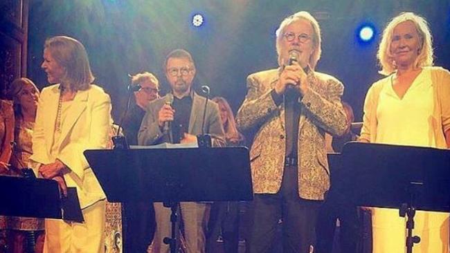 Swedish pop band ABBA take to the stage and perform a song for the first time in 30 years at a Stockholm party. Picture: PERUBAN/INSTAGRAM