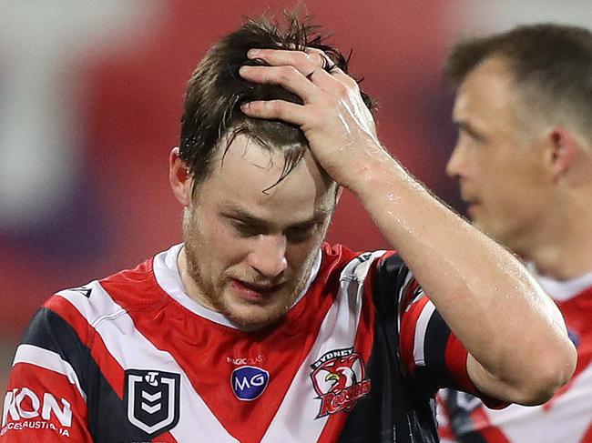 Dejected Roosters Luke Keary at full time in the Sydney Roosters v Canberra Raiders Semi Final at the SCG. Picture: Brett Costello