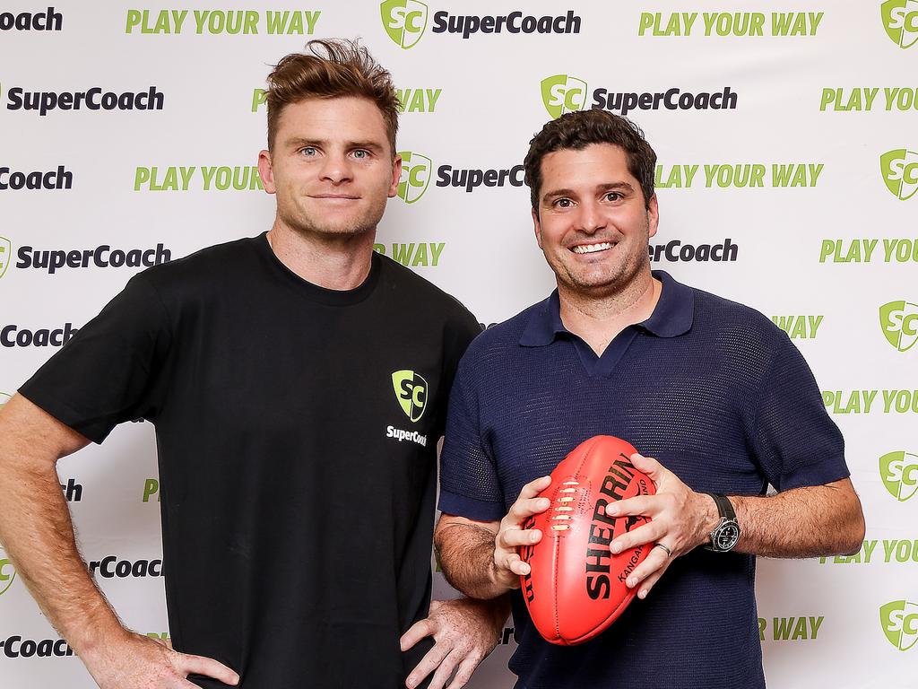 Heath Shaw with St Kilda champ Leigh Montagna at the SuperCoach AFL season launch. Picture: Ian Currie