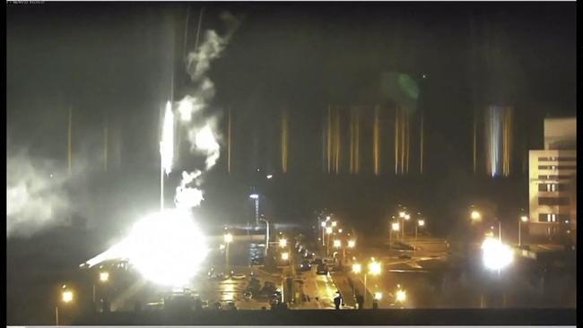 This screen grab shows the Ukrainian nuclear plant during attack with shell fire by Russian forces. Picture: AFP.