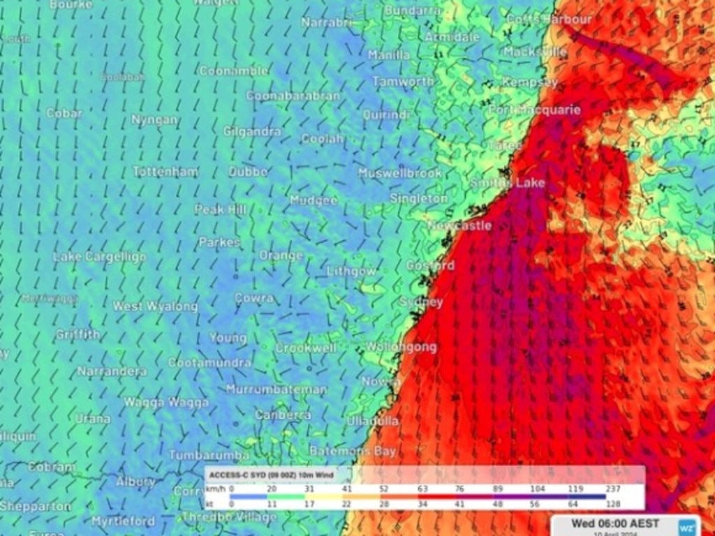 A surge of damaging winds and powerful surf will continue to affect parts of eastern NSW over the next 24 hours. Picture: Weatherzone