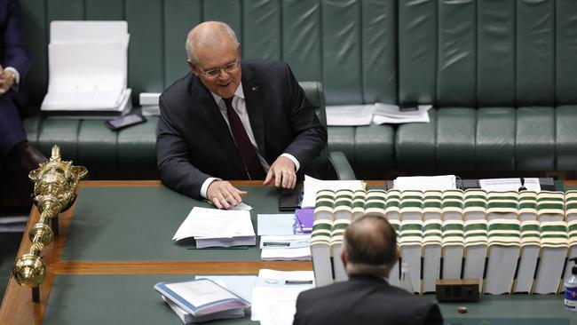 Scott Morrison and Anthony Albanese in question time at Parliament House in Canberra on Tuesday. Picture: Sean Davey