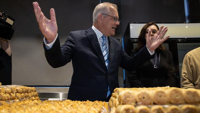 Prime Minister Scott Morrison at a family run and owned Lebanese sweets business in Granville, Sydney. Picture: Jason Edwards