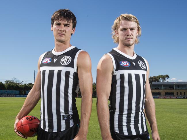 Port Adelaide will be allowed to wear their traditional prison bar guernsey in round 3 for the showdown against Adelaide. Players Jason Horne-Francis and Connor Rozee at ALberton Oval, 10 March 20233. Picture Simon Cross