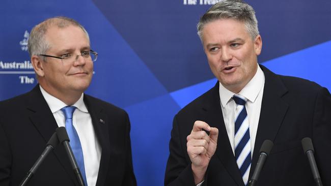 Mathias Cormann, right, with Treasurer Scott Morrison. Picture: AAP.