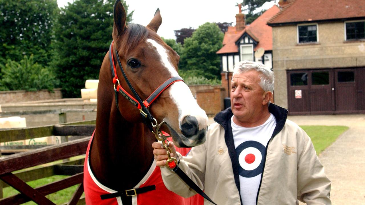 Australian trainer Joe Janiak with racehorse Takeover Target, which is to race at Royal Ascot next week, at their Newmarket base in England.