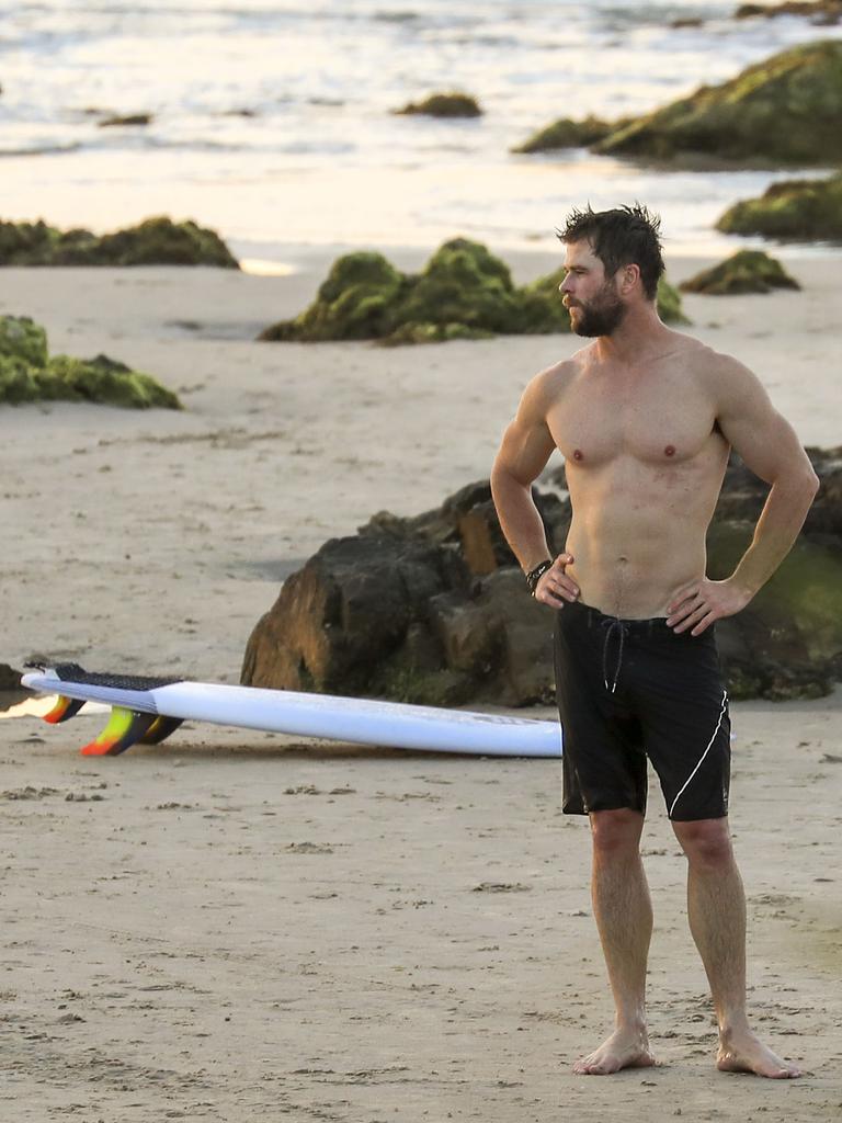 Chris Hemsworth and wife, Elsa Pataky, enjoy an afternoon at the beach in Byron Bay with their twin sons, Tristan and Sasha. <br/>3 March 2017. Picture: Media-Mode