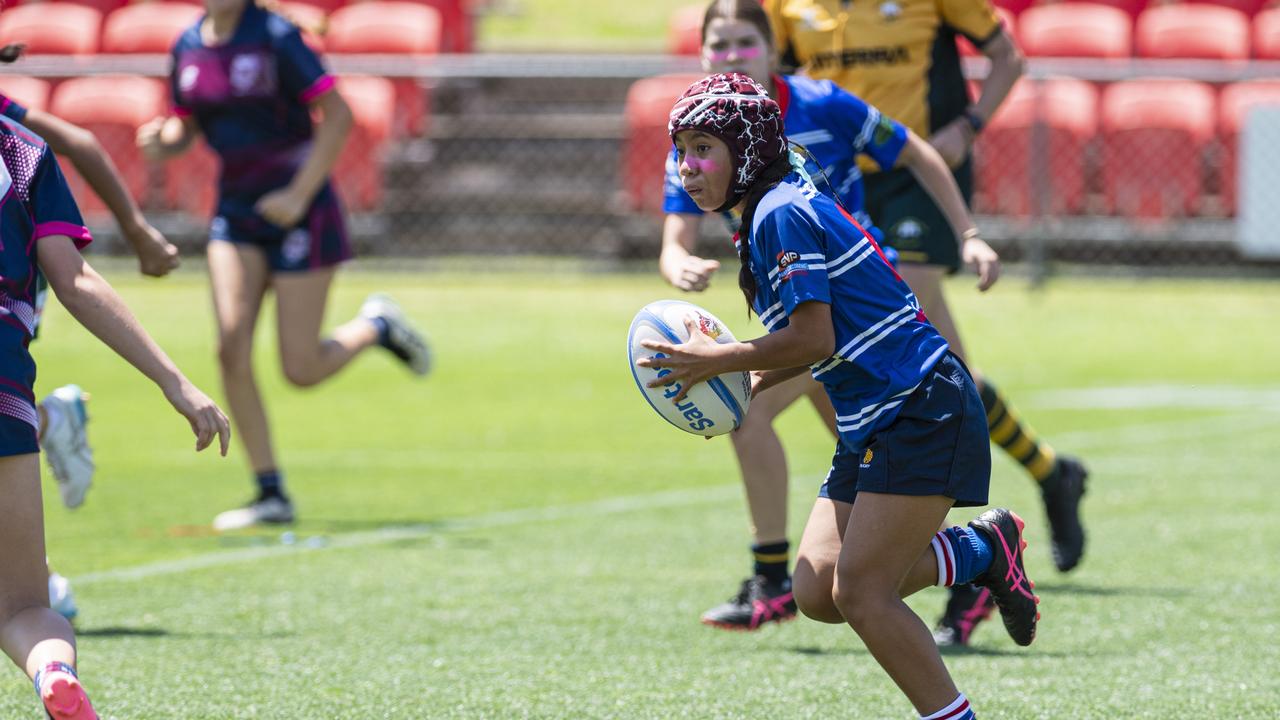 Phoebe Tulilo-Seremaia for University against Bears in a club game as Downs Rugby host Next Gen 7s at Toowoomba Sports Ground, Saturday, October 12, 2024. Picture: Kevin Farmer